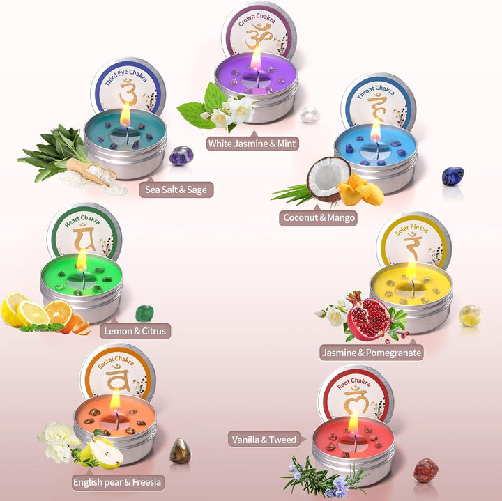 Chakra Kerzen 7er-Set, Meditationskristall-Duftkerzen-Geschenkset für Frauen, spirituelle Heilkerzen