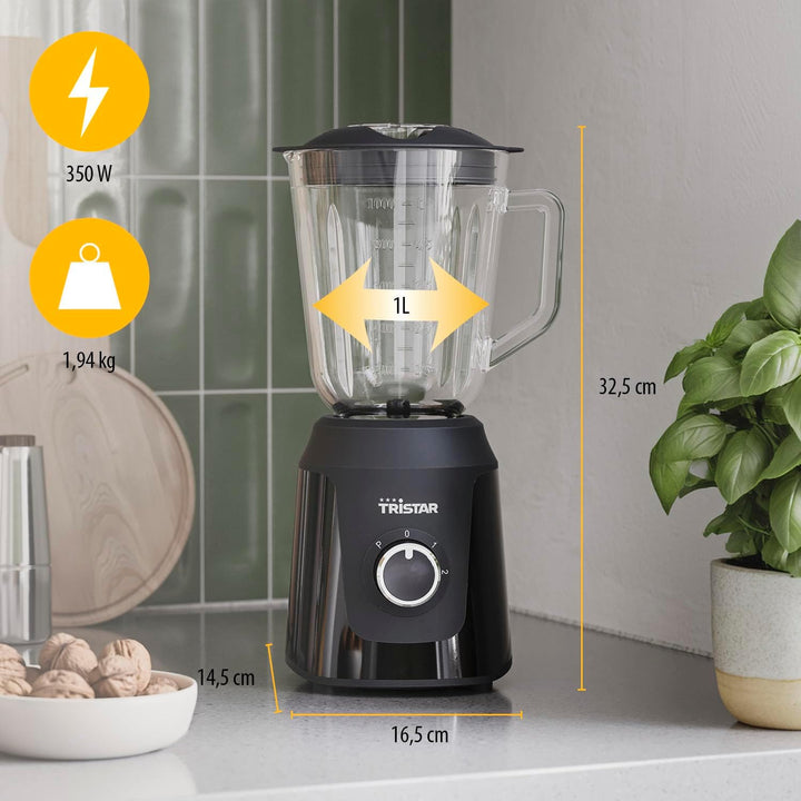 Tristar Standmixer, 1 L Mixbehälter aus Glas, 2 Geschwindigkeitsstufen, Pulsfunktion zum Zerkleinern