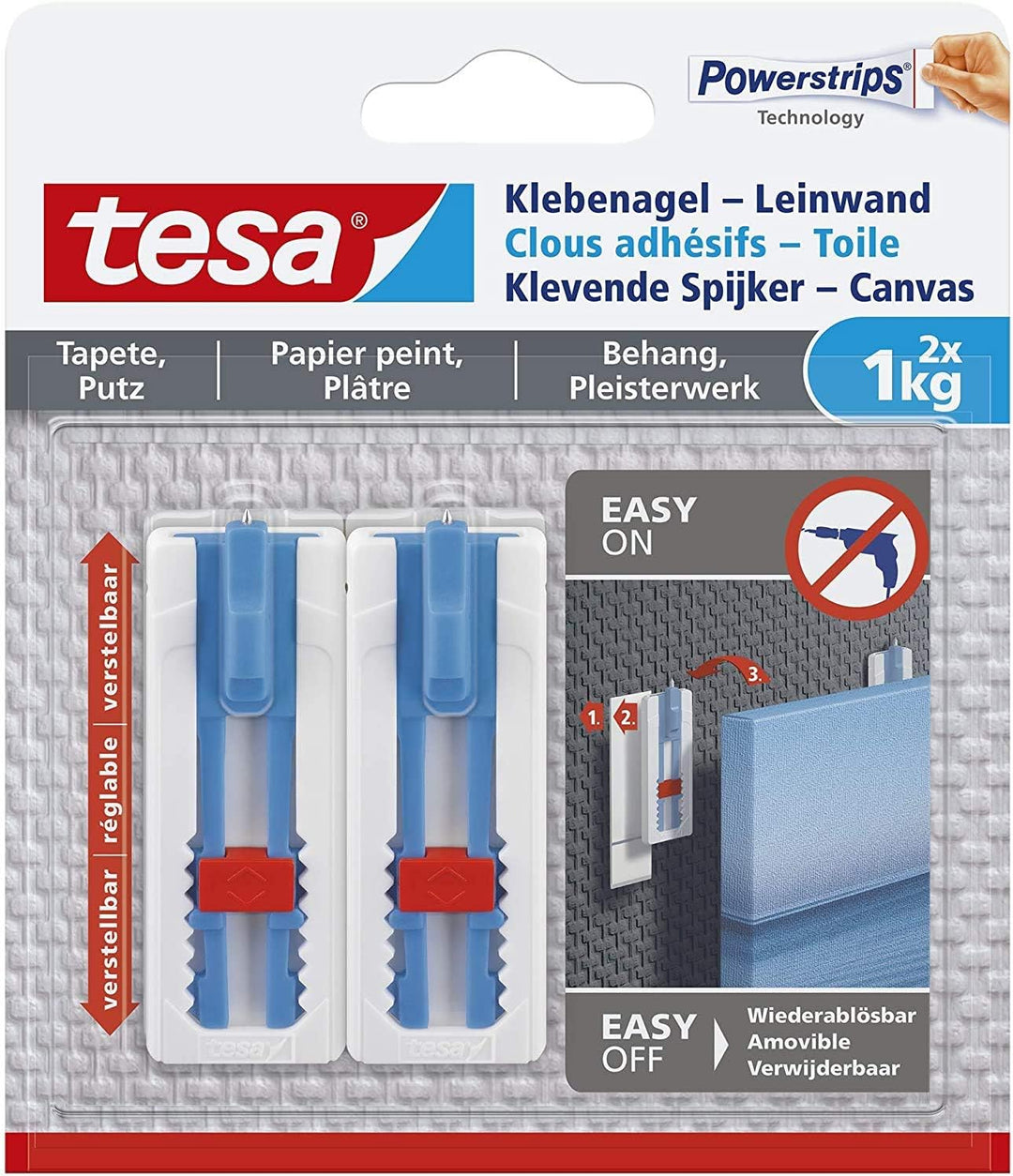 Tesa 77778 Klebenagel Tapeten & Putz-höhenverstellbar-Selbstklebender ideal für Leinwand & Keilrahme