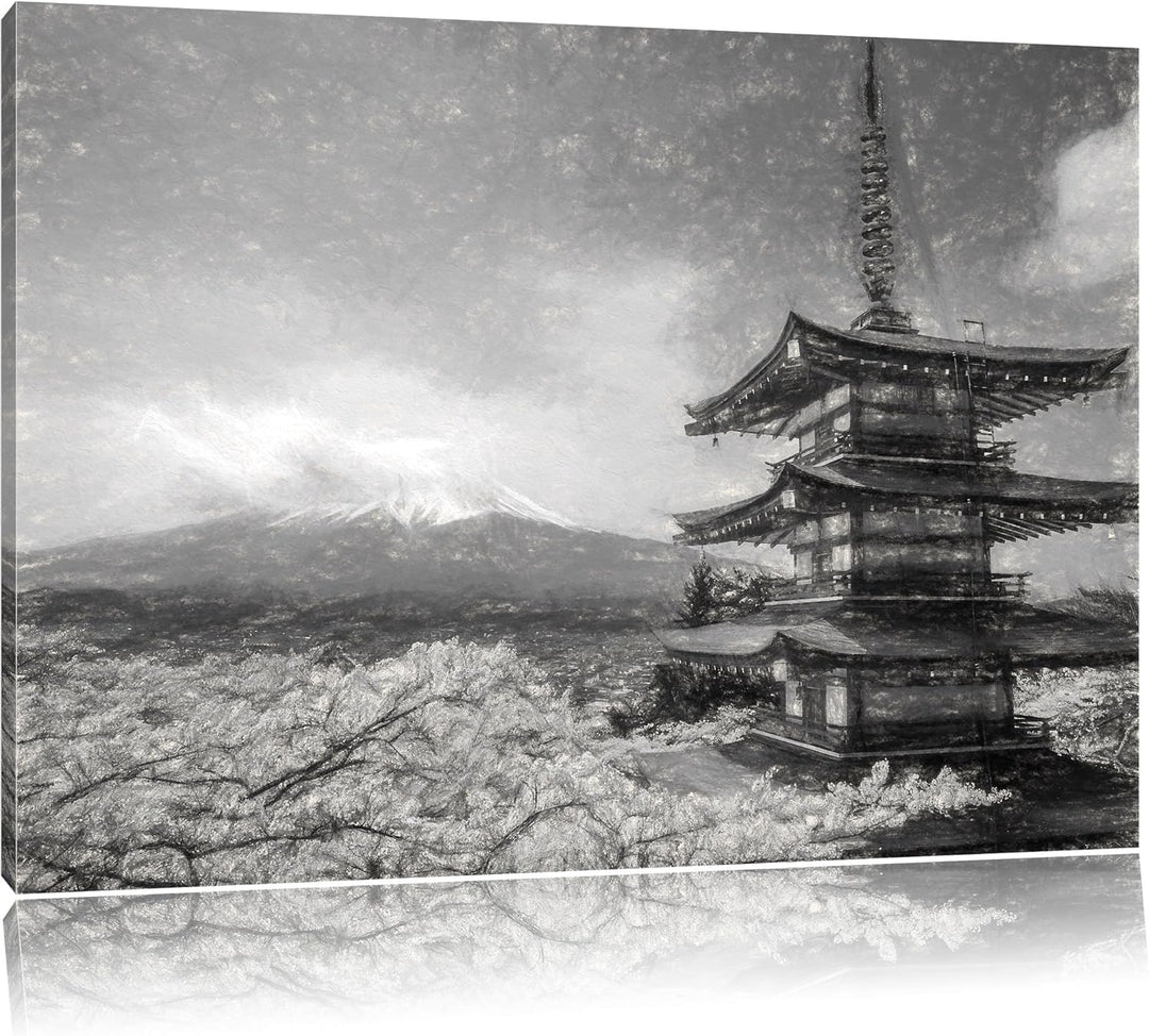 Pixxprint Mount Fuji in Japan Kohle Effekt, Format: 100x70 auf Leinwand, 100x70