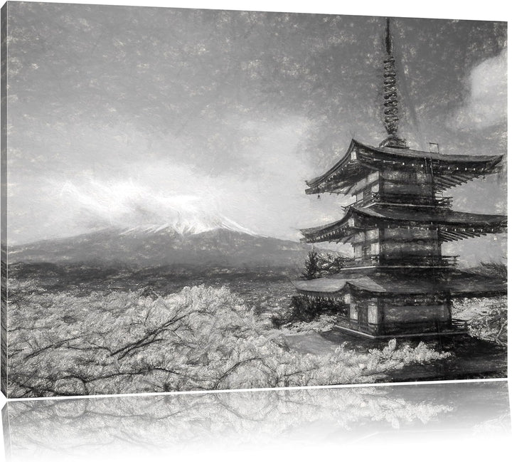 Pixxprint Mount Fuji in Japan Kohle Effekt, Format: 100x70 auf Leinwand, 100x70