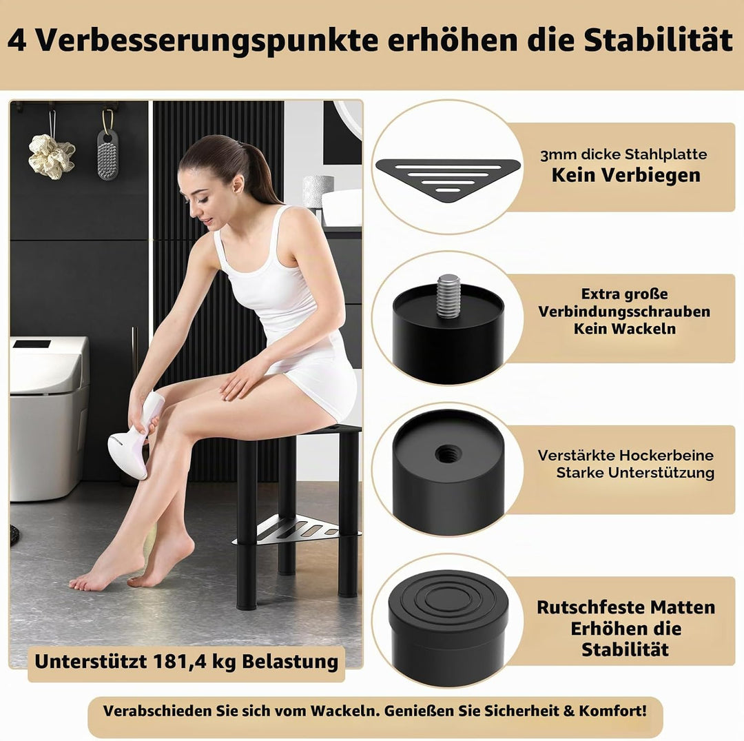 WINSTECK Rostfreier-Eck-Duschfusshocker, Duschfussstützenbank mit Ablagefach für Innendusche, 36CM H