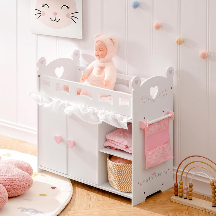 ROBUD Puppenbett mit Kleiderschrank – Holz Spielmöbel für Puppen bis 55 cm, mit Zubehör & grossem St
