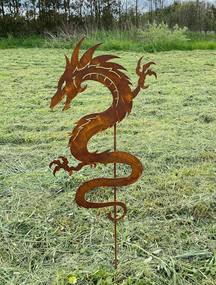 Gartenfigur Chinesischer Drache Schlange 75x43cm + Stab Gartenstecker Edelrost Gartendeko Wetterfest