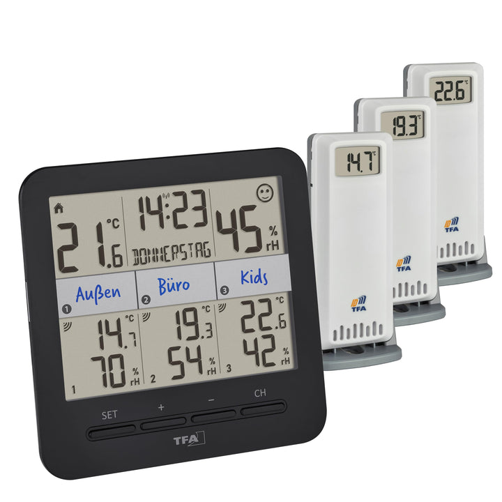 TFA Dostmann Thermo-Hygrometer mit 3 Sendern Klima@Home2, 30.3075.01, Temperatur/Luftfeuchtigkeit in