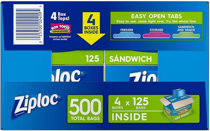 Ziploc Easy Open Tabs Sandwich Bags 125 Count (Pack of 4) 500 Sandwich Bags, 500 Sandwich Bags