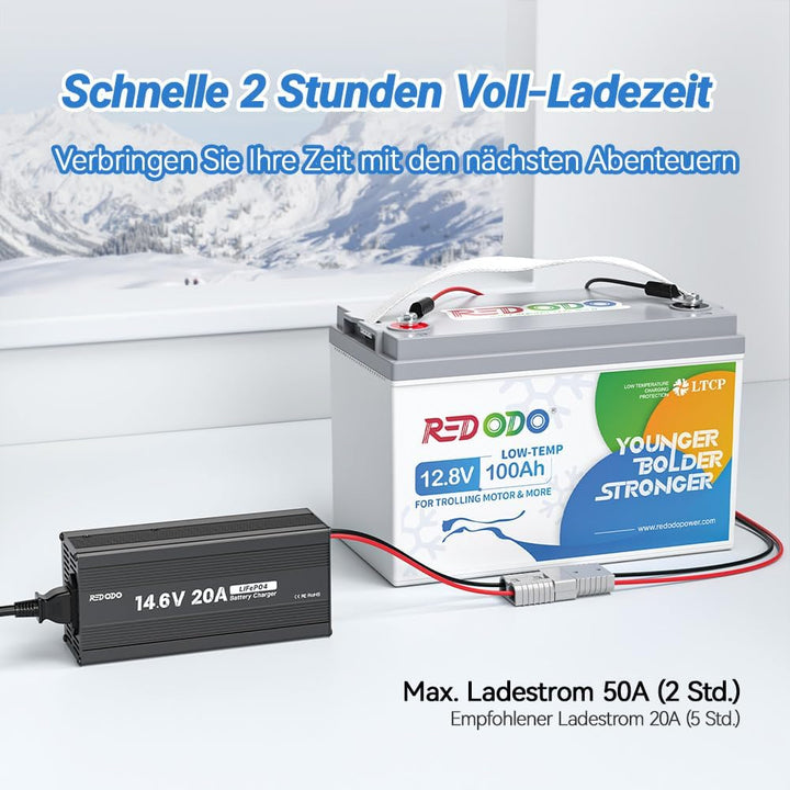 Redodo 12V 100Ah LiFePO4 Batterie mit 20A Ladegerät, Niedertemperaturschutz, Trolling-Motor Batterie