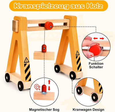 BuzzoXerex Baustellenfahrzeuge Kinder Kran Holzspielzeug, Baufahrzeuge Kinder Spielzeug, Baustelle K