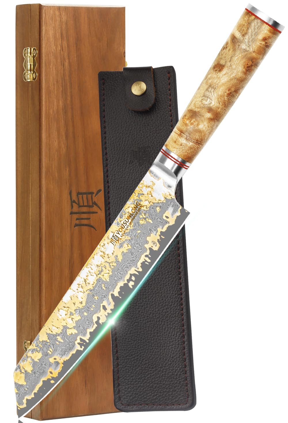 YOUSUNLONG Kiritsuke Kochmesser - 210mm Japanische Kupfer Damaszener Stahl Klinge - Rasiermesserscha