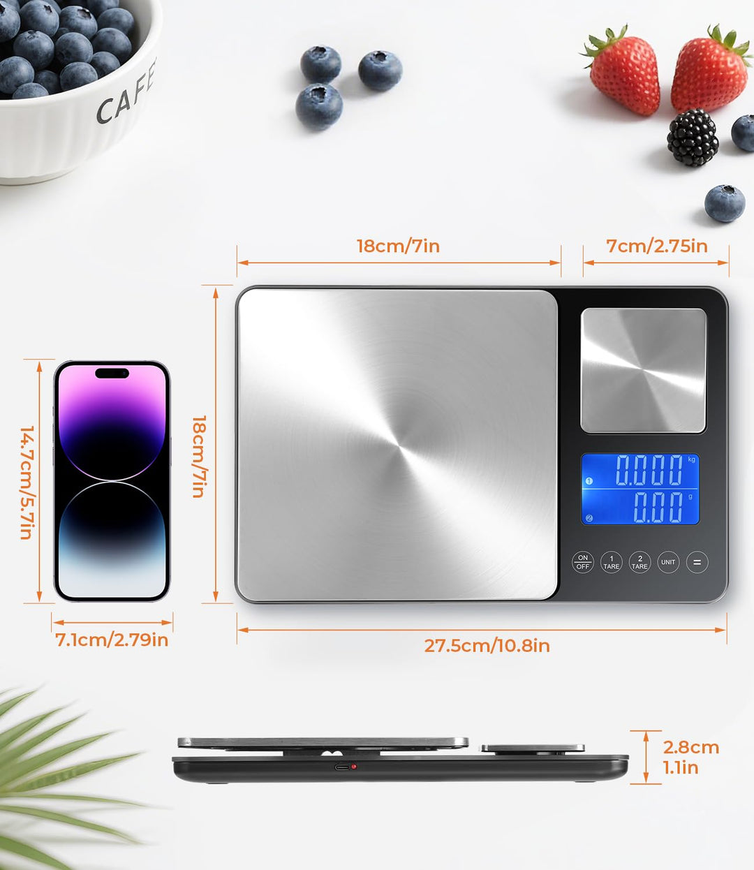 Doppelplattform-Digitalwaage,Digitale Küchenwaage(10kg/1g & 500g/0.01g),USB-Aufladung und Batteriebe