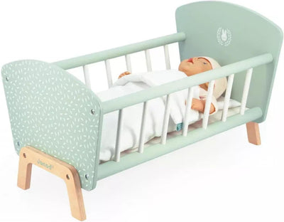 JANOD Zen Bett aus FSC-Holz-Rollenspielzeug-Puppenbett mit Hasen-Kopfkissen und Decke-Puppenzubehör-