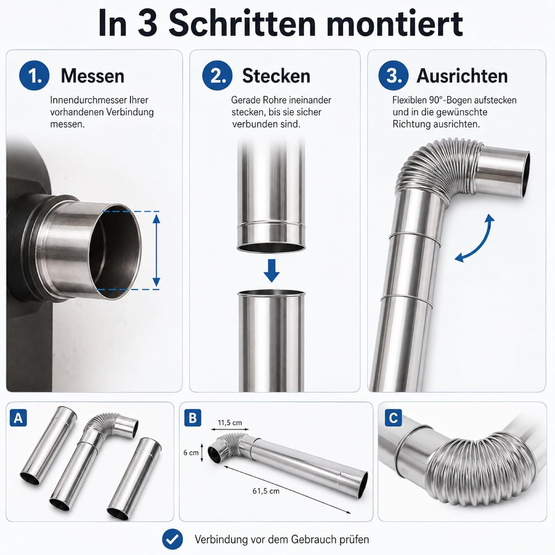 Zerodeko Edelstahl Schornstein Abgasrohr Satz 60mm Ø Verlängerung Kaminrohr mit 90° winkel für Zelto
