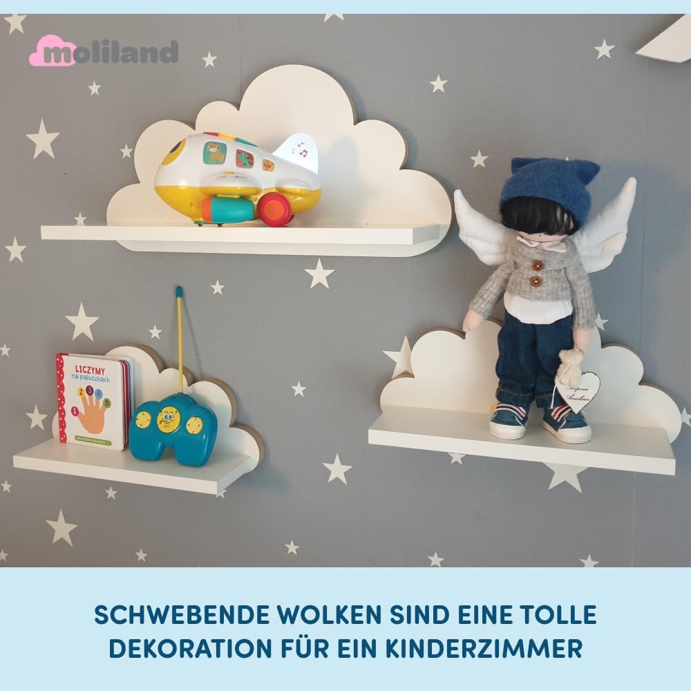 3er Set Wandregal Kinderzimmer Weiss | Babyzimmer Wolkenregal für Bücher, Spielzeug und Dekoration |