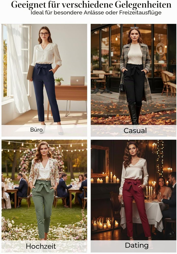 GRACE KARIN Damen Casual Hose Elastic Waist Slim Fit Paperbag Hose Schleife Gürtel Hohe Taille Hose