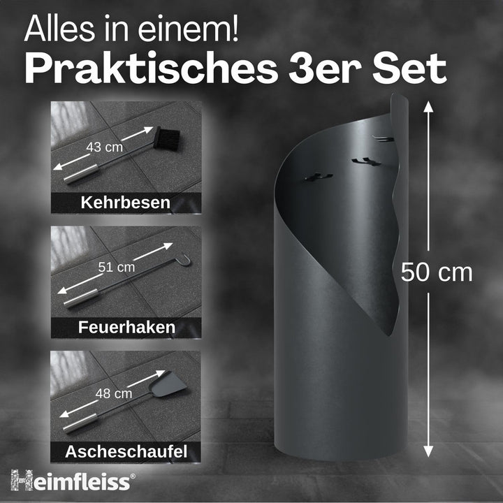Heimfleiss® Kaminbesteck Grau Modern | Kaminzubehör mit Edelstahl Griffen | Ofenbesteck Kaminbesteck
