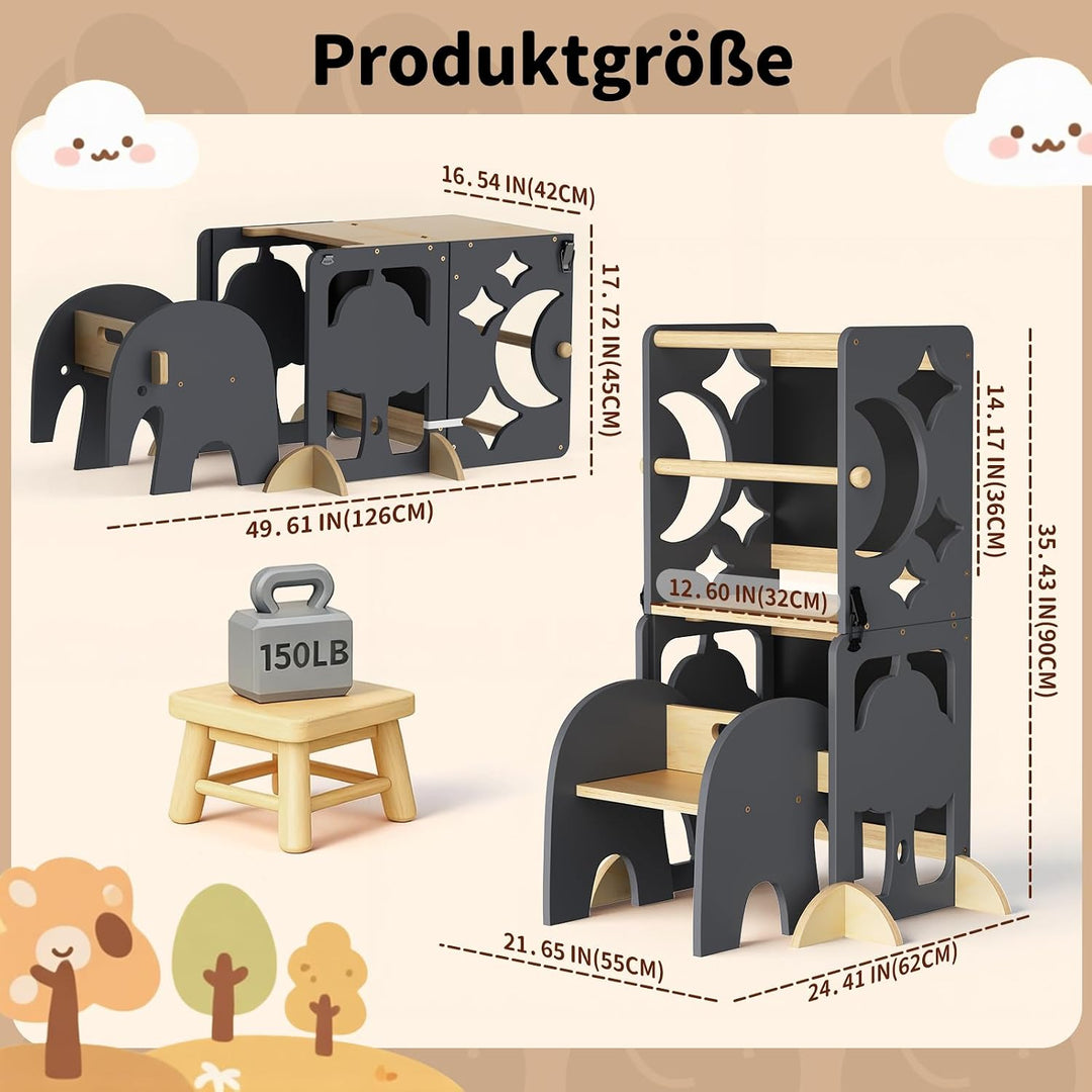 COSYLAND Lernturm ab 1 Jahr, klappbar – 4in1 Lernturm Kinder mit Doppeltafel, Stehhilfe & Schreibtis