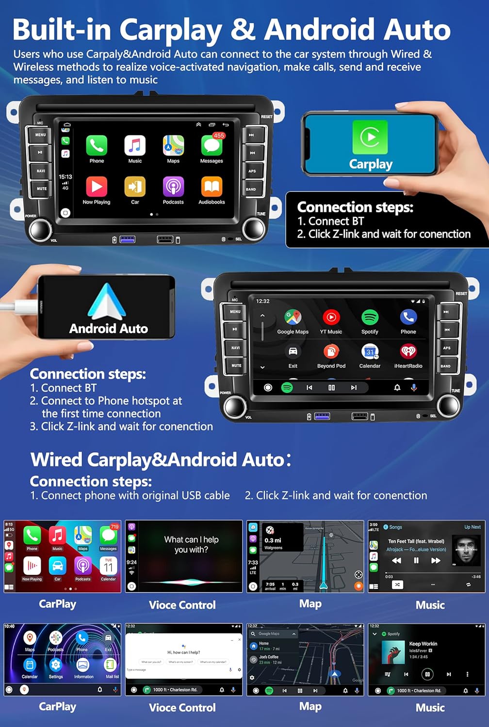 [2G+32G] CAMECHO Android 11 Autoradio mit Carplay für VW Golf 5 Golf 6 Skoda,Autoradio mit 7 Zoll Bi
