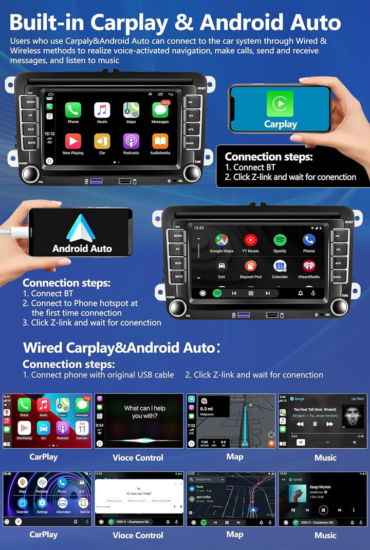 [2G+32G] CAMECHO Android 11 Autoradio mit Carplay für VW Golf 5 Golf 6 Skoda,Autoradio mit 7 Zoll Bi