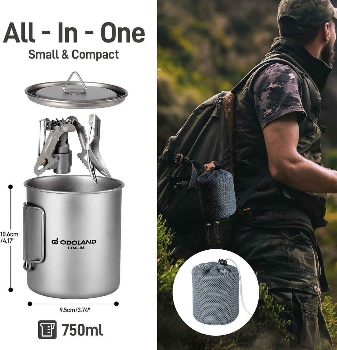 Odoland Titanium Camping Geschirr, Campingkocher 750ML Titanium Mugs, 1900W Ultra Light Titanium Min