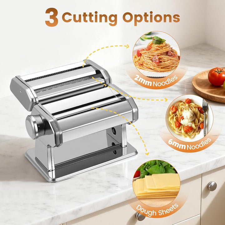 Manuelle Nudelmaschine, Edelstahl Pasta Maker mit 3 Schneidern, Nudeltrockner Nudelständer und 9 Ein