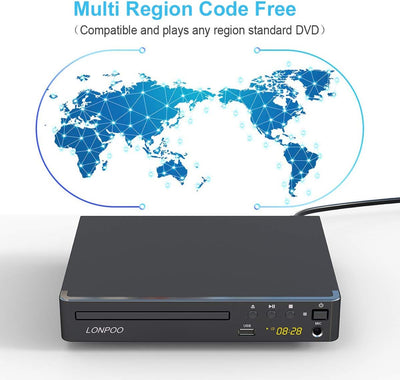 LP-099 DVD Player for TV, Region-Free CD Player with HDMI Connection (1080p Upscaling), AV Output, U