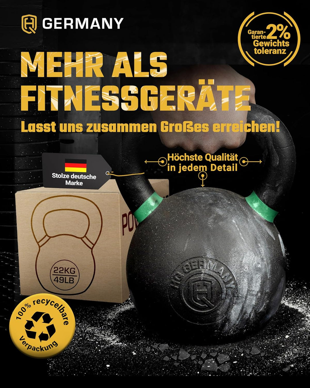 HQ Germany® Kettlebell Powdercoat [Pulverbeschichtung] - Kugelhantel 2-32kg | Vollguss ohne Schweiss