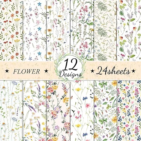 Blumenmuster Scrapbook Papier, 24 Blatt/12 Designs Doppelseitiges Bastelpapier, Frühlingsblume Karte