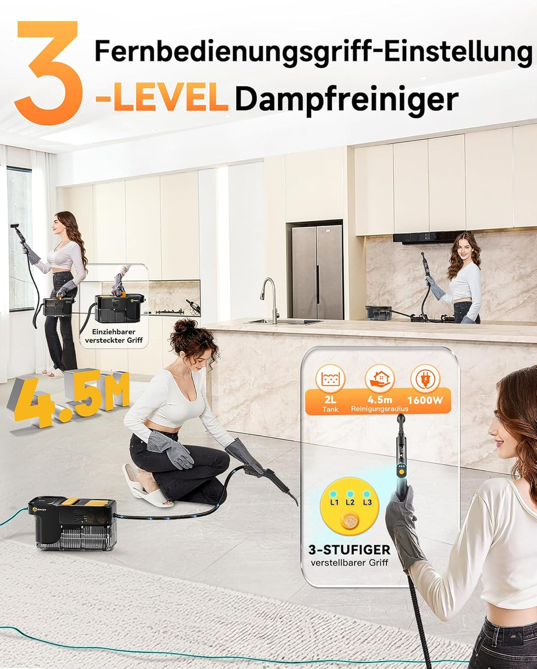 Gautye Dampfreiniger 3 stufig verstellbarer Griff, 10 Sekunden Aufheizzeit | 2L Wassertank, steam cl