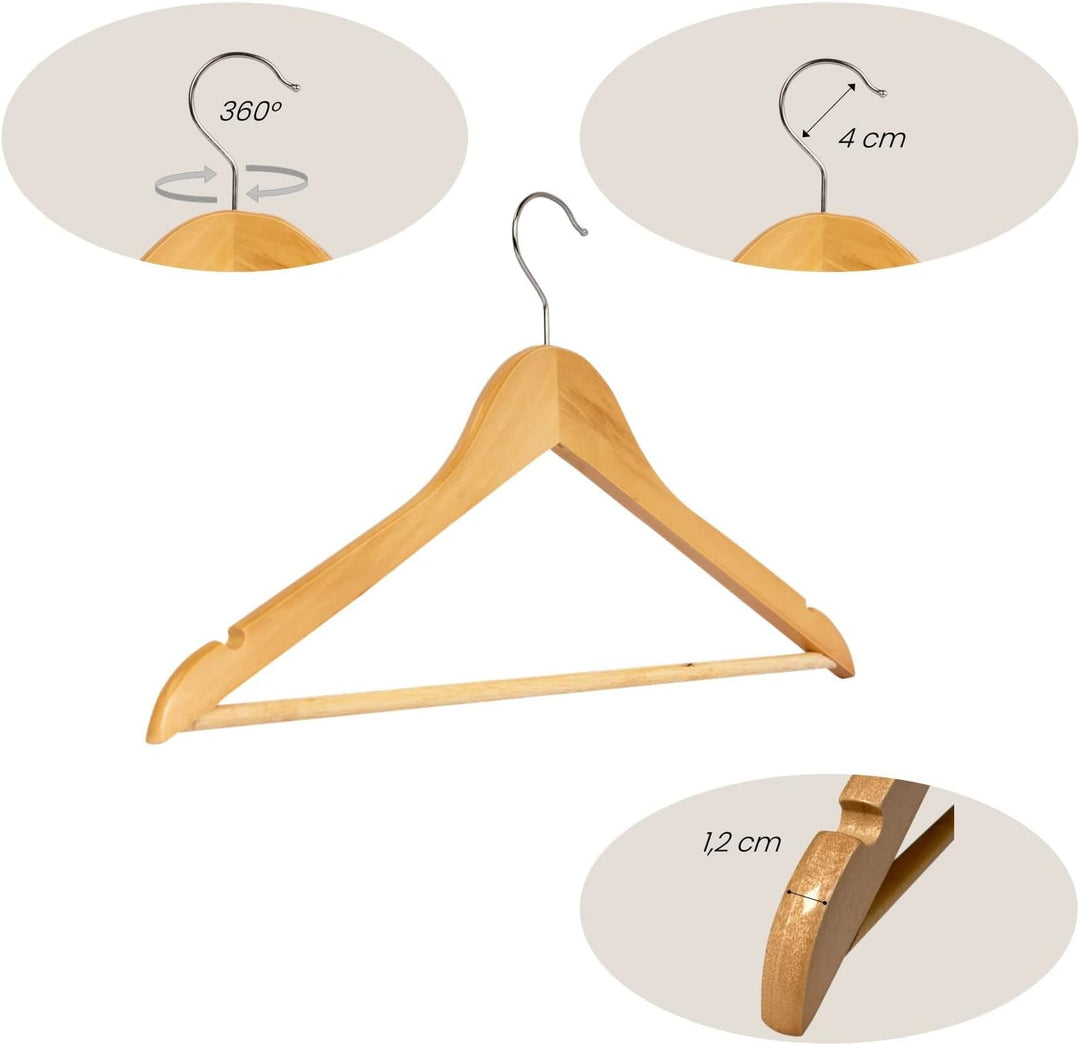 Kleiderbügel Holz 10 Stück Natur Holzkleiderbügel | mit Hosensteg | Damen | 38 cm | 360° drehbarer H