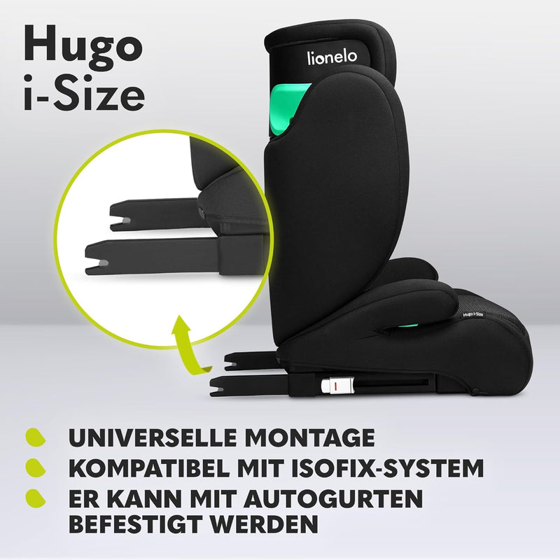 LIONELO HUGO I-SIZE Kinderautositz, Gruppe 2 3, von 100–150 cm, ISOFIX-Installation, verstellbare Ko