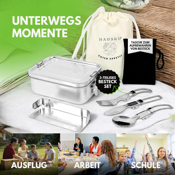 Brotdose Edelstahl 1200 ml – Auslaufsicher dank Silikondichtung – Lunchbox mit beweglicher Trennwand