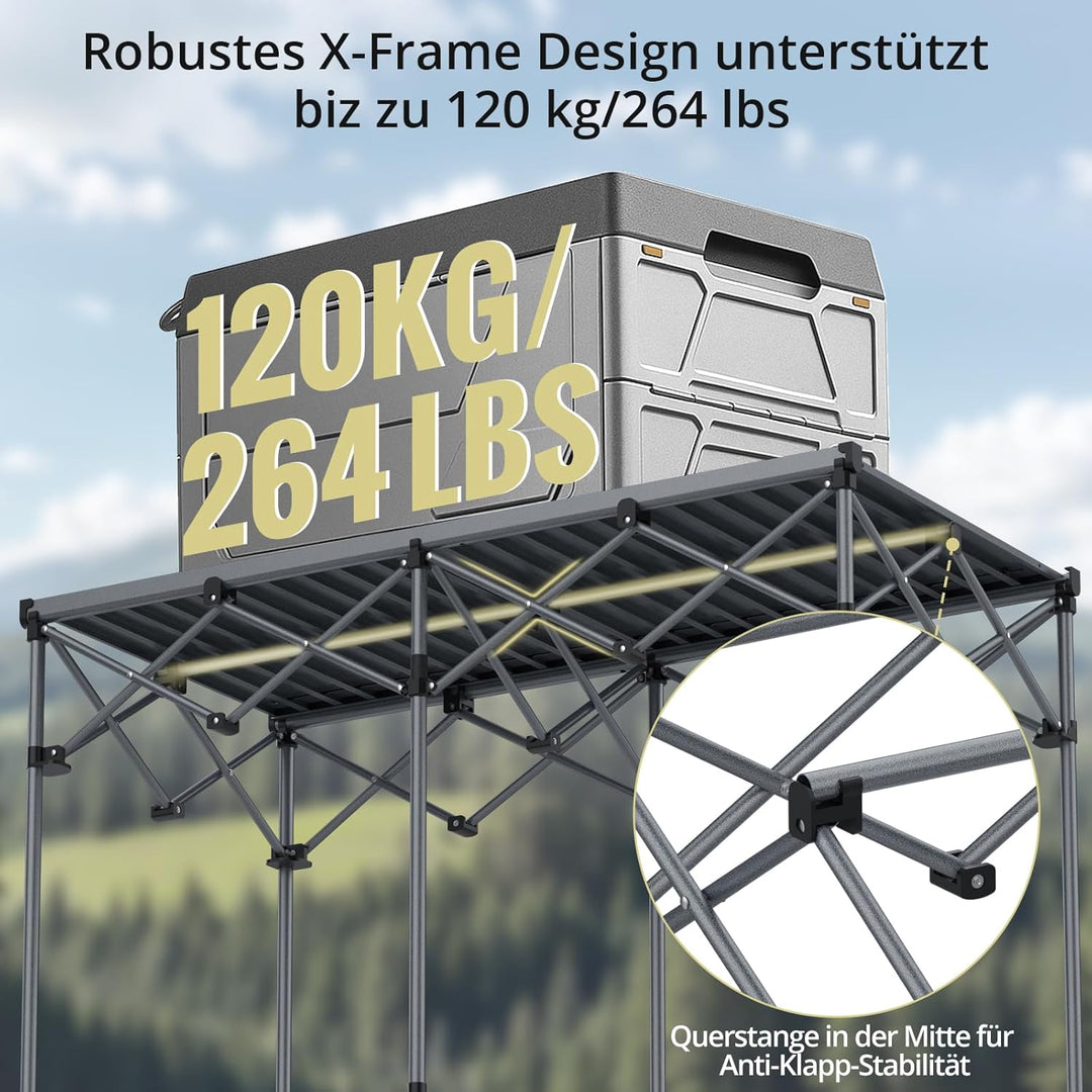 Anbte Campingtisch Grilltisch 122x60x74cm(LxBxH) Übergrösse Alu Rolltisch X-Frame Design Klapptisch
