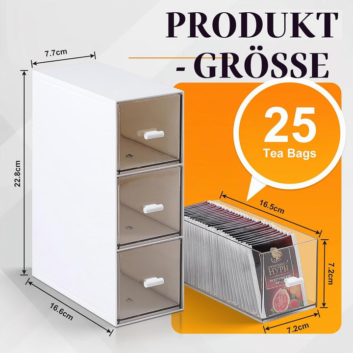 3 Stück Teebox Kunststoff mit 9 Schubladen 22.6x16,5x7,6cm Teebeutel Organizer Stapelbar, Tee Aufbew