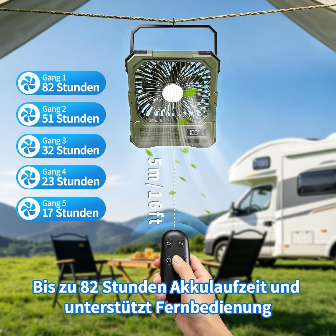 yAyusi 20000mAh Akku Ventilator Camping mit Lampe,Tragbarer Reise Ventilator mit Fernbedienung Timer