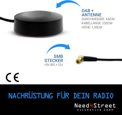 Need4Street DAB+ Antenne zum Nachrüsten des Autoradios, Stecker SMB, Kabellänge 250cm, Autoantenne m