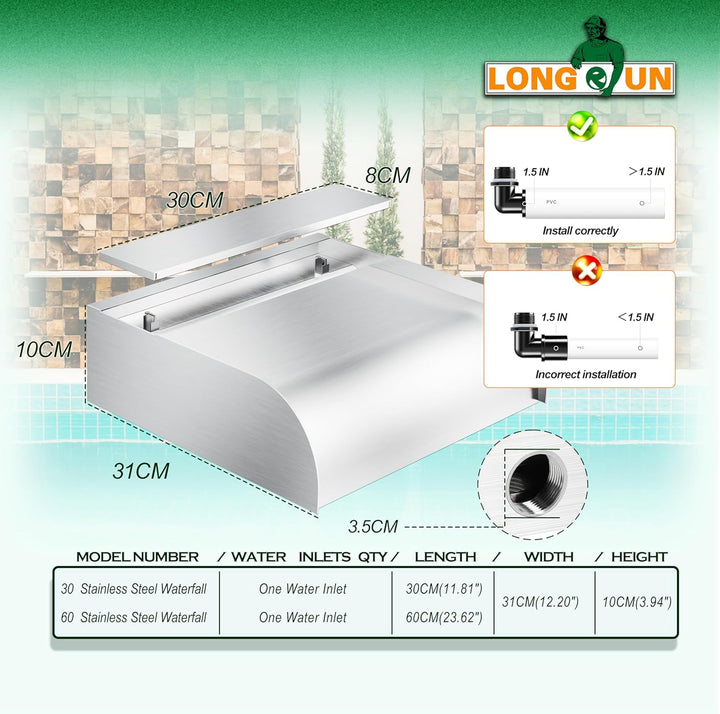 LONGRUN 30cm Teich Wasserfall Set,304 Edelstahl Pool Wasserfall mit RGB LED und Fernbedienung, Breit