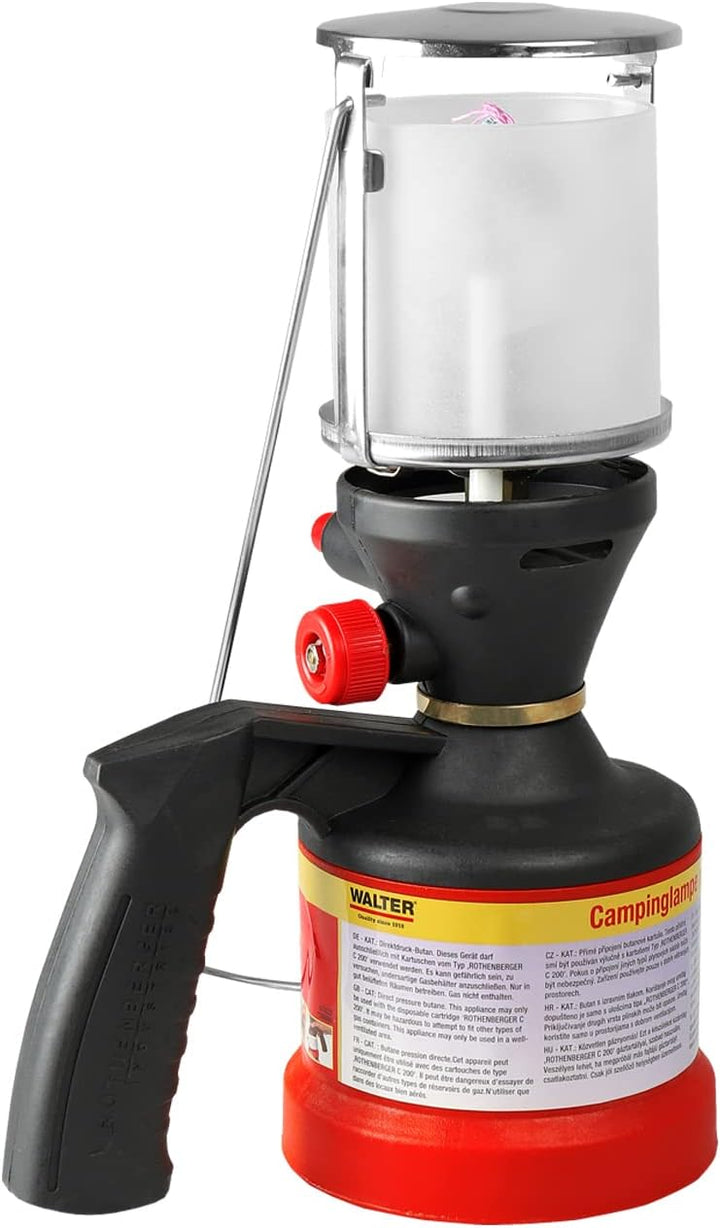 WALTER Gas Camping Lampe mit Piezo Zündung, inkl. 3 Glühstrümpfe | Stufenlos regulierbare Helligkeit
