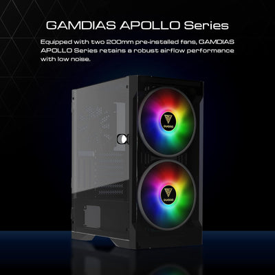 GAMDIAS Apollo E2 Elite Gaming-PC-Gehäuse, Mid-Tower-ATX-Gehäuse, gehärtete Glasscheibe, 3Dual einge