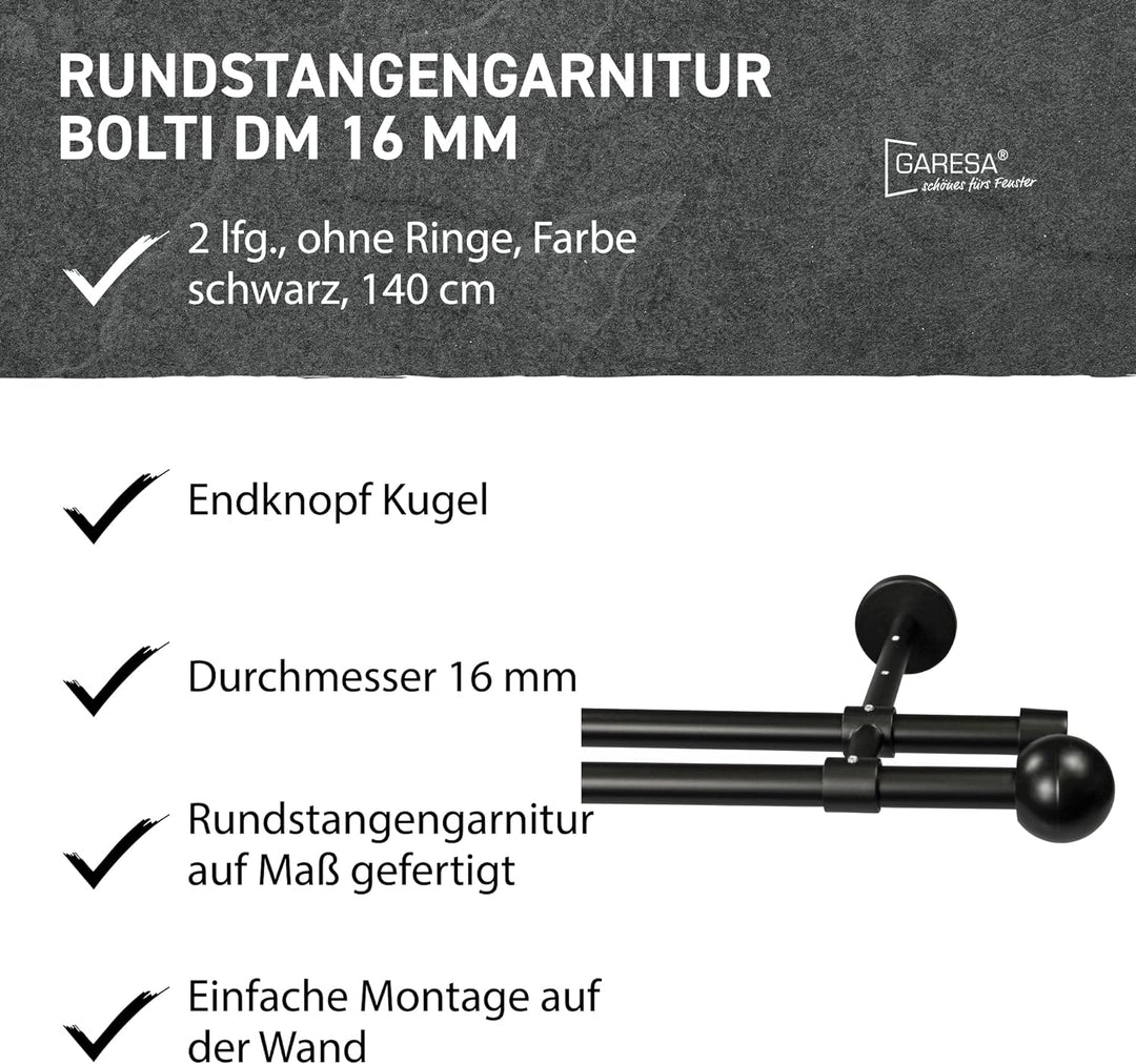 Garesa Gardinenstange Bolti Ø 16mm, 2-läufig, Schwarz I Stabile Vorhangstange ohne Ringe I Mit Endkn