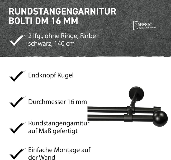 Garesa Gardinenstange Bolti Ø 16mm, 2-läufig, Schwarz I Stabile Vorhangstange ohne Ringe I Mit Endkn