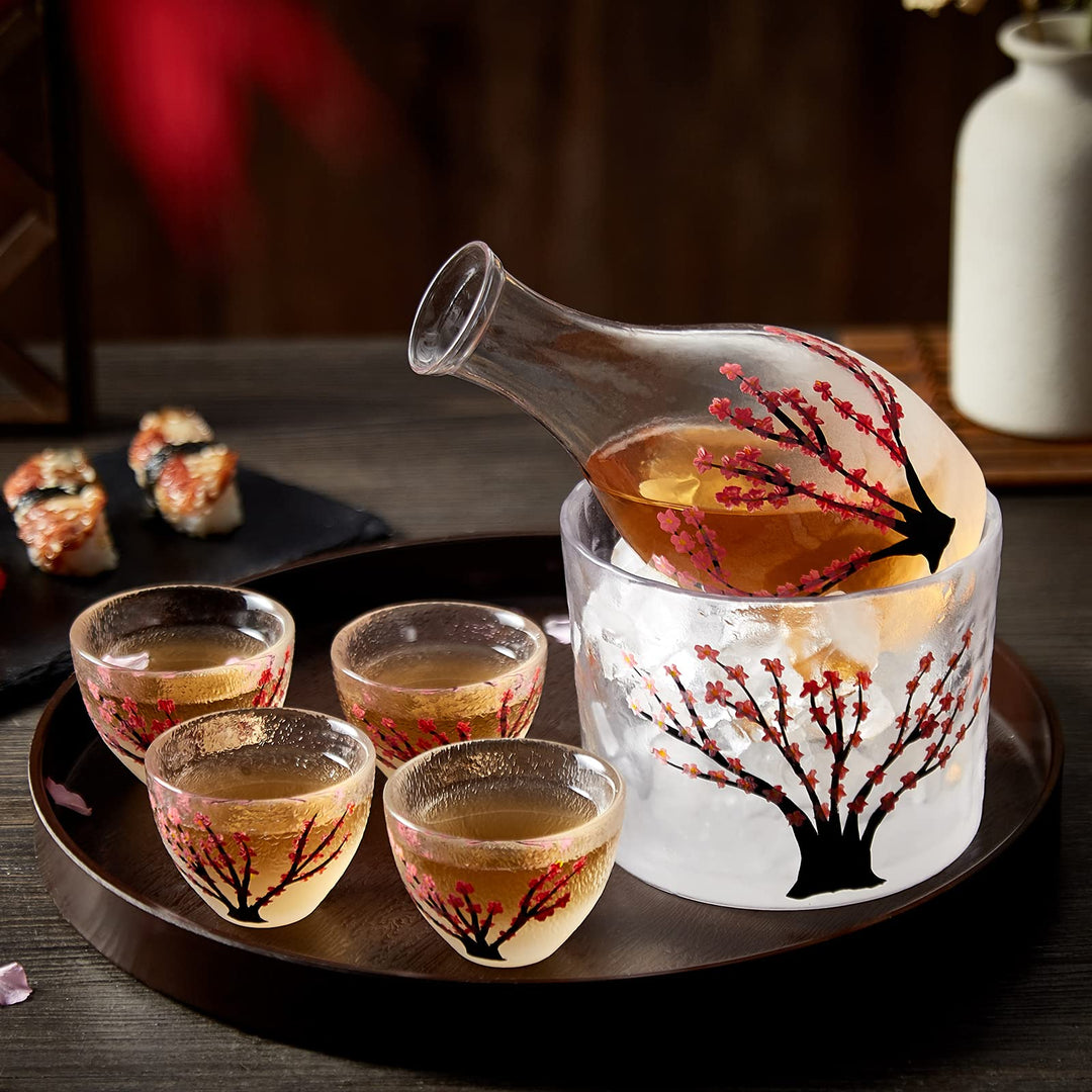 DUJUST Japanisches Sake-Set für 4, Handcrafted Pink Cherry Blossoms Design, 1 Sake-Flasche, 1 Sake-B