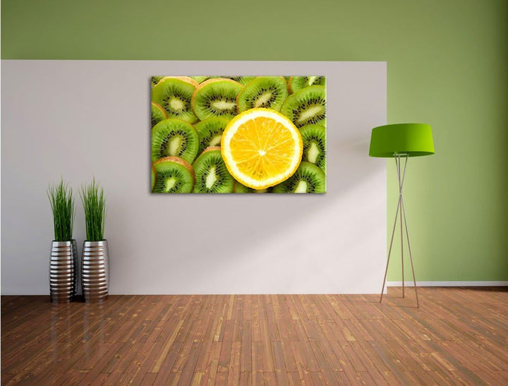 Orange verirrt in Kiwi Scheiben Format: 100x70 auf Leinwand, XXL riesige Bilder fertig gerahmt mit K