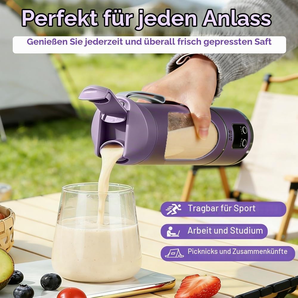 Tragbarer Mixer Smoothie Maker, 450ml USB Mini Mixer to Go mit Digitalanzeige, 12-Klingen Portable B