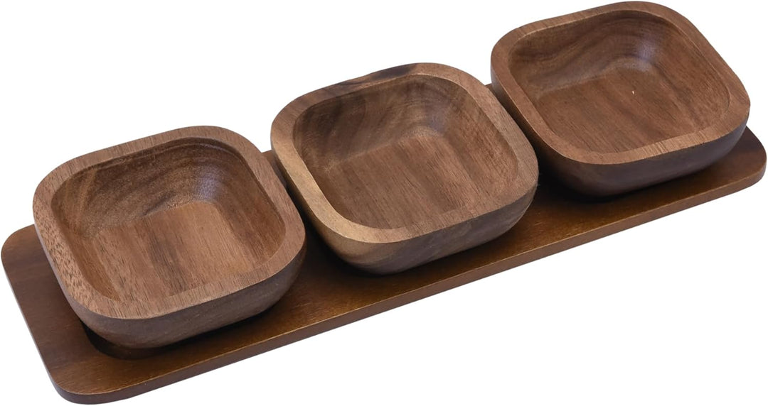 Zoha Handgefertigtes Akazienholz Schalen-Set - 3 Schalen mit Tablett - 33 x 10,8 cm, Naturbelassen f