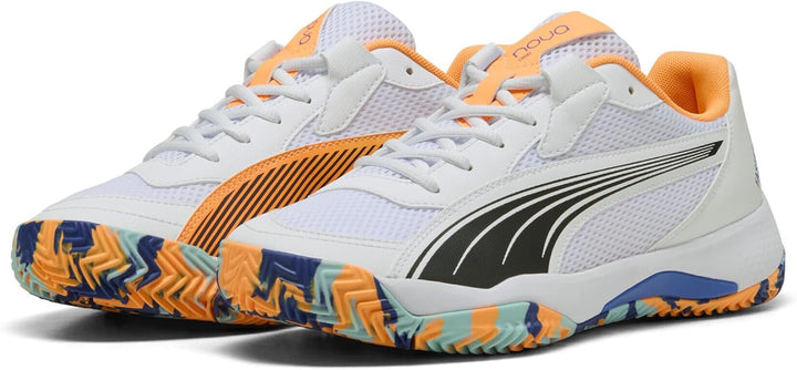 PUMA Unisex Nova Court Tennis Shoe, Puma White Puma Black Vivid Blue Heat Fire