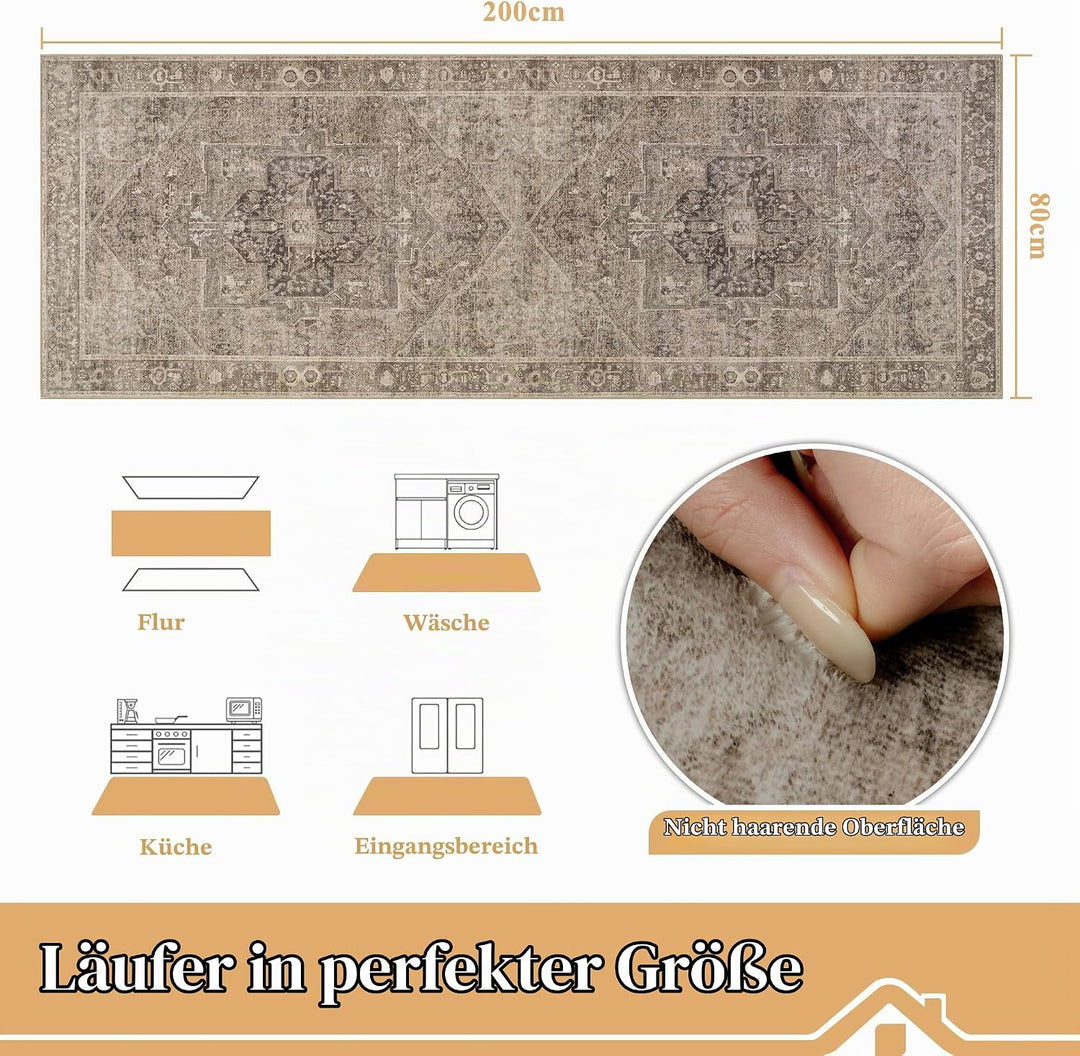 Homcomodar Teppich Läufer Flur 80x200cm Vintage Läufer Küchenteppich Waschbar Teppich Flur rutschfes