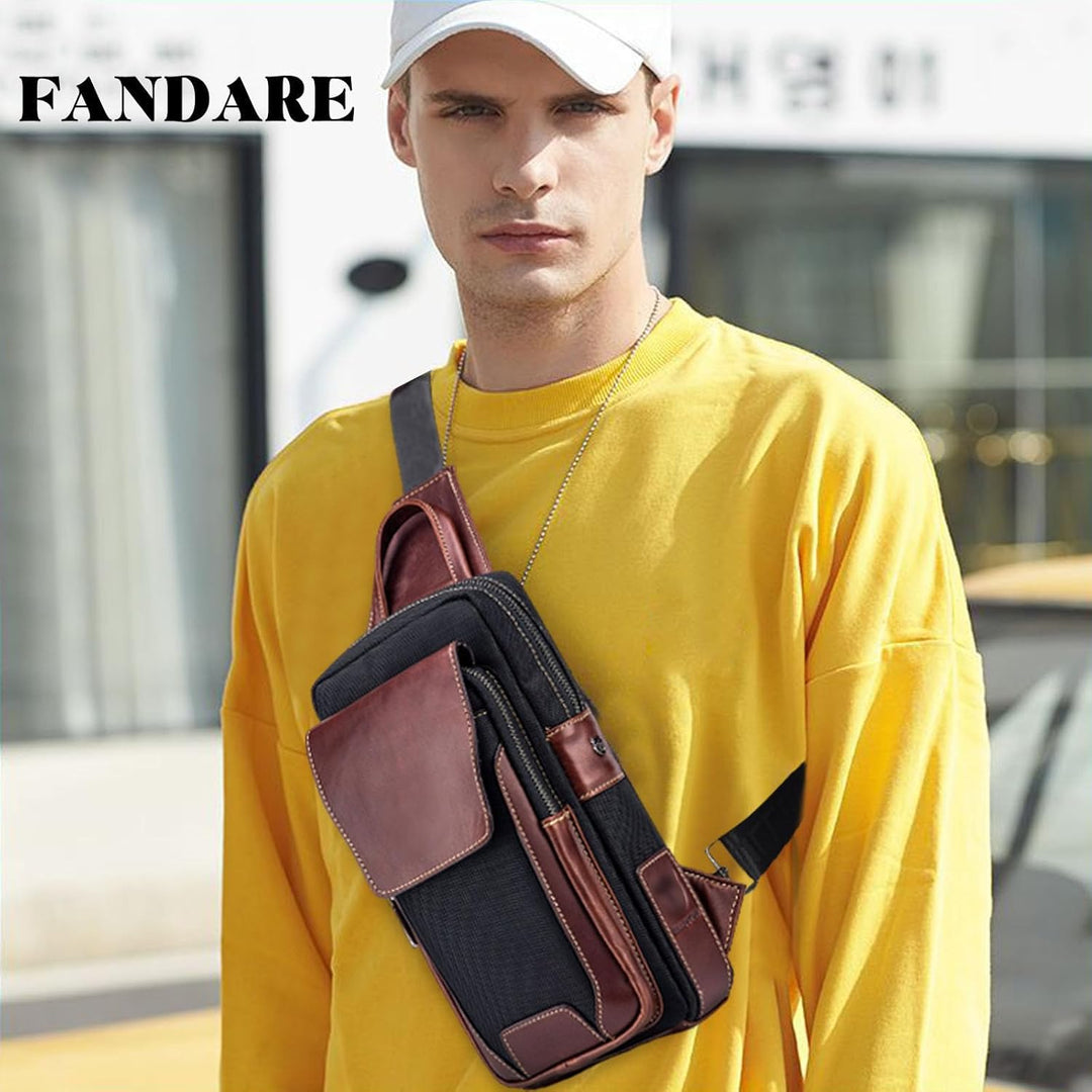 FANDARE Retro Brusttasche Herren Leder Umhängetasche Männerhandtasche Sling Bag Schultertasche Herre