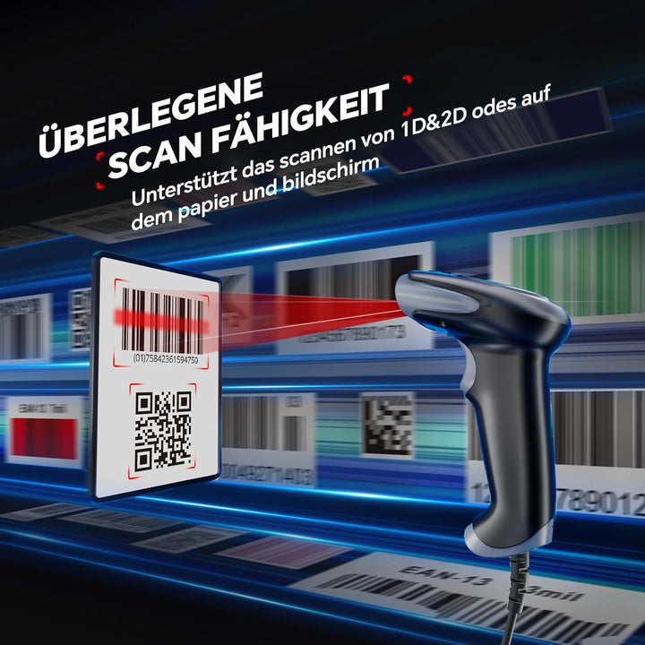 Eyoyo Barcode Scanner 1D 2D QR kabelgebunden, QR Code Scanner Handheld Barcode Leser für PC, Mac, La
