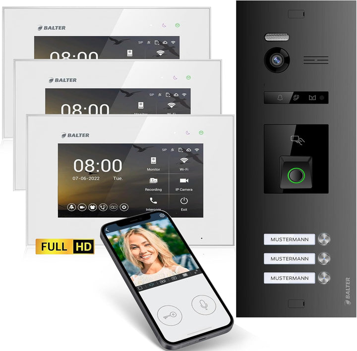 Balter EVO-HD Video Türsprechanlage mit Fingerprint, Video Türklingel, Smartphone App, 3 Familienhau