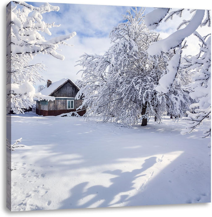 Winterlandschaft mit Hütte, Format: 70x70 auf Leinwand, XXL riesige Bilder fertig gerahmt mit Keilra